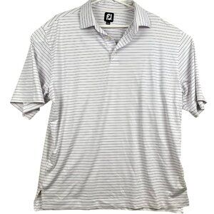 FootJoy Mens Polo Shirt XL White & Blue Striped With Cross Logo On Sleeve